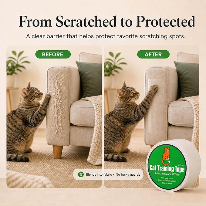 Anti-Scratch Tape for Furniture - Stop Cats from Scratching Couch, Chair Corners, Door Frames, Countertops, and Carpets, Clear Double-Sided Cat Training Tape, 2.5" x 16 Yards Roll