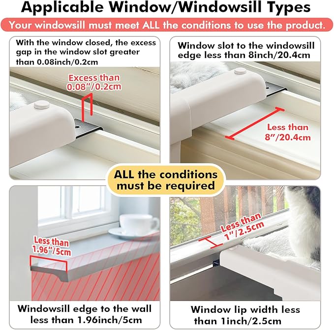 Zoratoo Window Sill Mount Cat Perch for Indoor Cats, One-Step Sliding Clamping Slot Adjustment Cat Hammock with Washable Cover, No Suction Cups Pet Bed for Windowsill & Bedside (Large)