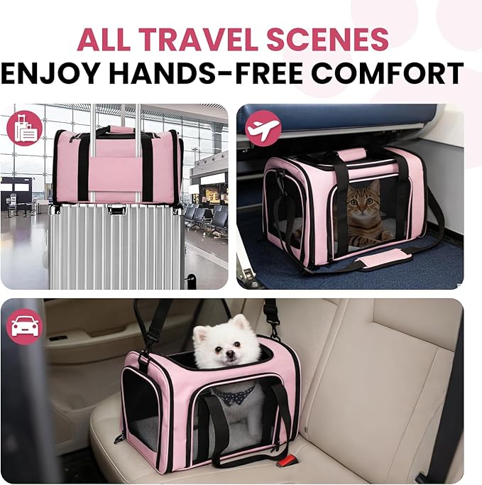 Soft-Sided Cat Carrier Expandable Pet Carrier Airline Approved Mesh Travel Carrier Up to 22lbs for Cats Small Dogs Collapsible Escape-Proof with Shoulder Strap (20x13x13 Pink)