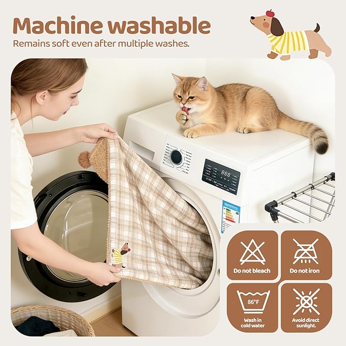 Jiupety Washable Dog Blankets for Small Dogs and Cats, Calming Cozy Pet Grid Blanket with 2 PCS Fluffy Fur Balls, 100% Microfiber Plush Sherpa Fleece, for Bed Couch Chair, Brown