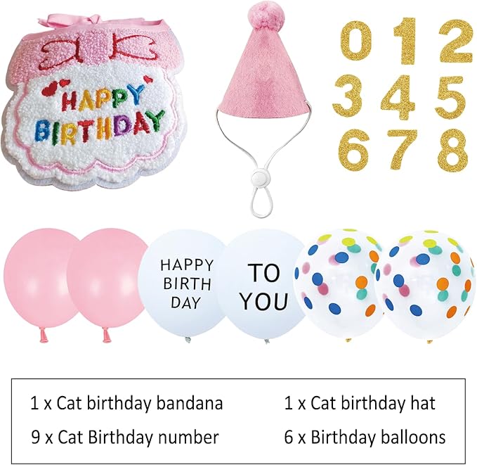 Reusable Cat Birthday Decorations Set - Adjustable Cat Birthday Hat & Bandana with Age Numbers | Kitty Celebration Kit for Memorable Milestones（Pink）