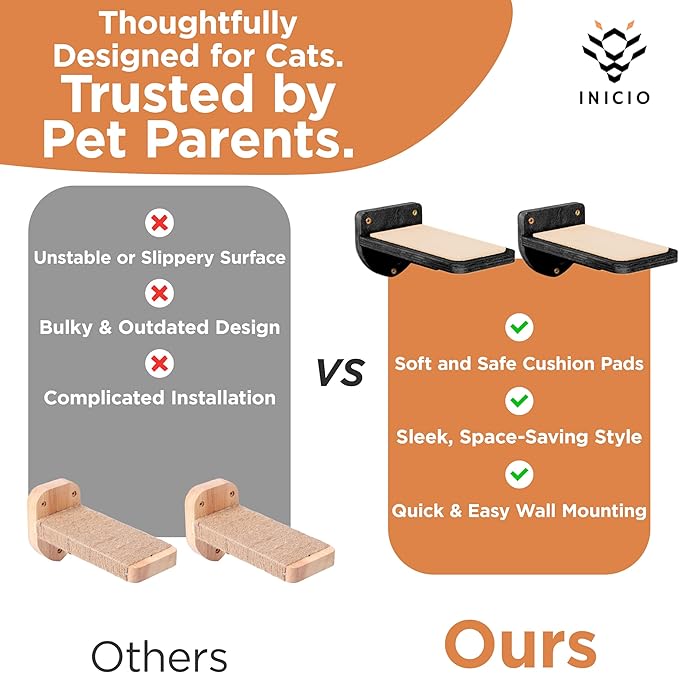 INICIO Cat Wall Steps - Set of 3 Cat Wall Stairs for Cats to Climb with Fixtures, 8.7"x4.7" - Floating Steps for Climbing or Playing - for Kittens and Adult Cats, Black