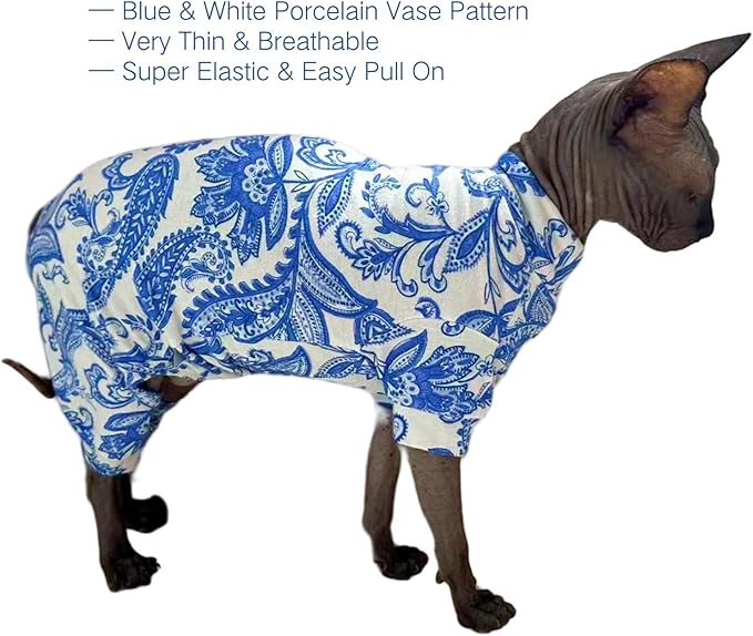 Sphynx Cat Four Leg Cotton Pajamas Elastic Pet Clothes for Hairless Cats Surgery Recovery Suit Undershirt Thermal Clothes for Sphynx, Devon, Cornish (Blue Porcelain, M)