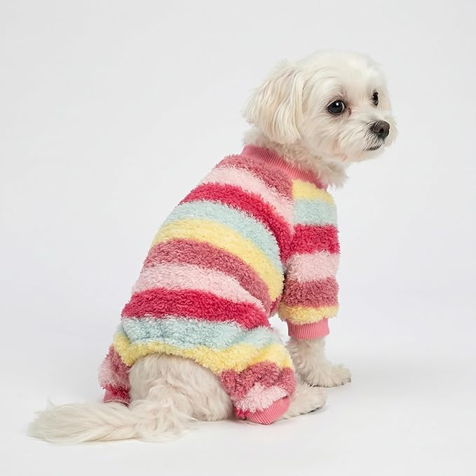 Fitwarm Fuzzy Striped Dog Fleece Pajamas, Warm Winter Clothes for Small Dogs Girl, Cozy Pet Outfit with Feet, Pink, Red, Yellow, Small