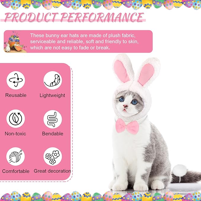 6 Pieces Easter Cute Costume Bunny Rabbit Hat with Ears Cat Bowtie Collar Tail for Cats and Small Dogs Party Costume Easter Pet Accessory Headwear