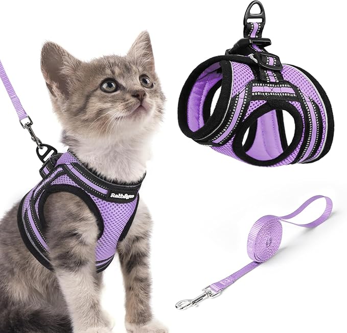 rabbitgoo Cat Harness and Leash Set for Walking Escape Proof, Adjustable Soft Kittens Vest with Reflective Strip for Cats, Comfortable Outdoor Vest, Light Purple, S