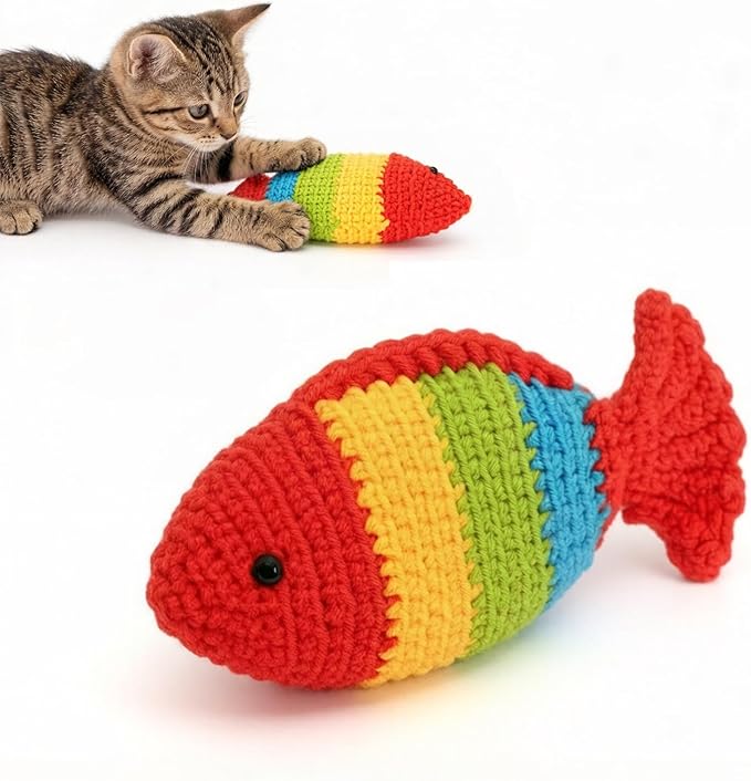 Catnip Fish Toy - Hand-Crocheted with Real Catnip & Bell, Interactive Kicker Toy for Cats Kitten, Soft & Safe for Biting