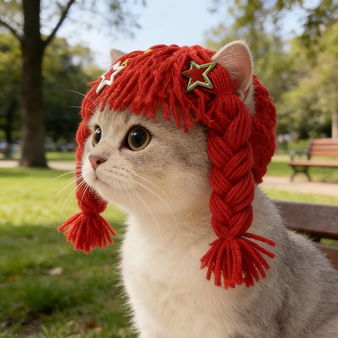 Cat Wig for Small Dogs & Pets, Cute Braided Yarn Costume, Funny Birthday Outfit Clothes, Soft Lightweight Accessory for Photos, Party Props and Daily Wear (Yellow)