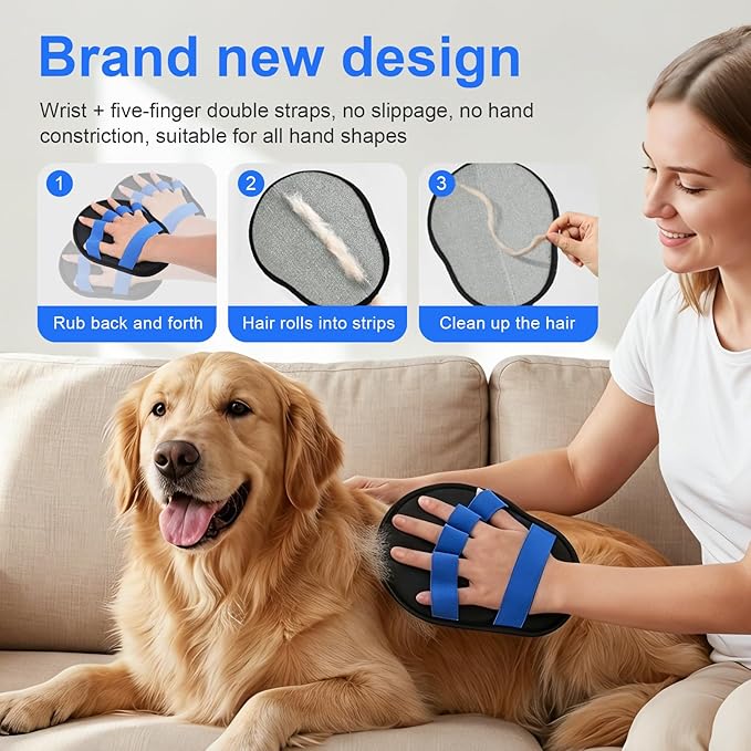 Upgraded Five-Finger Electrostatic Pet Hair Removal Gloves, Reusable Cat & Dog Hair Remover for Couch, Furniture, Carpet, Car Seat, Clothing - Magic Brush Pet Grooming Glove (Blue)