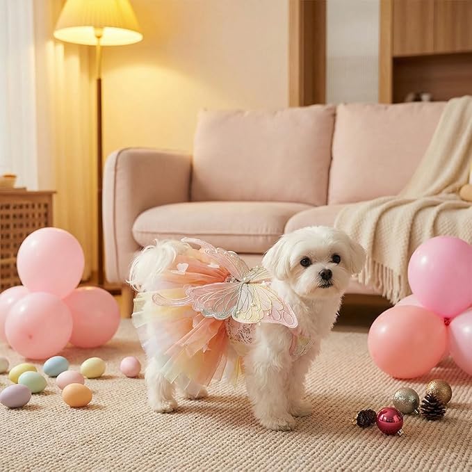 Butterfly Fairy Dog Dress with Wings, Rainbow Tulle Tutu Costume for Small Dogs Cats Rabbits, Adjustable Princess Pet Outfit for Halloween Christmas Easter Birthday (Colorful-Butterfly, Medium)