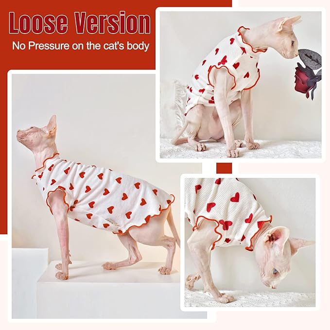 DENTRUN Heart Pattern Sphynx Hairless Cats Shirt, Kitten T-Shirts with Perlin Sleeves, Breathable Cat Wear Cute Sweater Adorable Hairless Cat's Clothes Vest Pajamas Jumpsuit