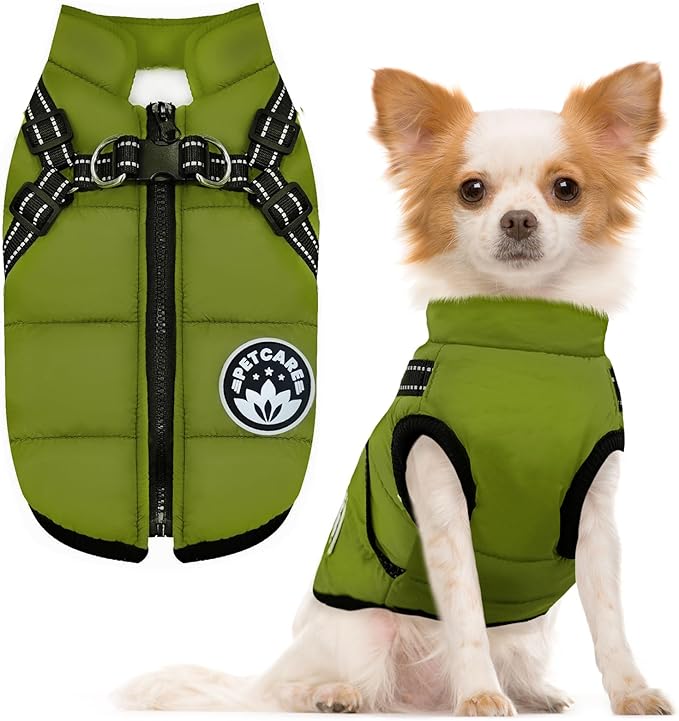 PETCARE Winter Dog Coat with Harness Built in Waterproof Dog Jackets Warm Pet Fleece Vest Windproof Snow Jacket Snowsuit Reflective Dogs Cold Weather Coats for Puppy Small Medium Large Dogs Cats