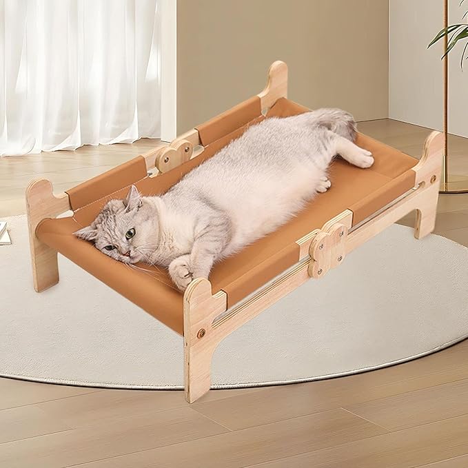 Cat Wooden Hammock Bed Sleeping Elevated Soft Supplies Breathable Couch Pet Furniture Cat Dog Bed for Indoor Cats Puppy Pet, Brown