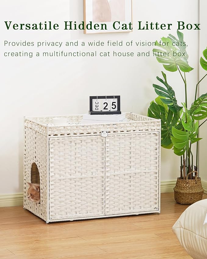 SETVSON Cat Litter Box Enclosure Furniture, Handwoven Rattan Hidden Litter Box with Mat, Large Space Cat House with 2 S-Shaped Hooks 30.3 x 18.3 x 24.4 Inches, Indoor for Living Room Apartment White
