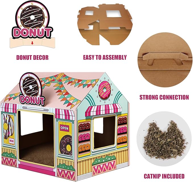 SEKAM Cardboard Cat House with Scratcher/Catnip (16.5'' x 12'' x 15''), Donut Shop for Indoor/Outdoor, Cat Scratch Box & Home Decor, Hideout for Small Animals