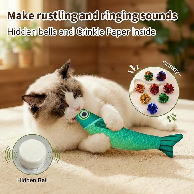 Cat Toys with 5000mg A+Natural Catnip & Bell, Interactive Soft Chew Kicker Cat Toys for Indoor Cats & Kittens, [Crinkle &Bell] Fish Sound Toy, 2 Pack Fish Cat Toys Red Green