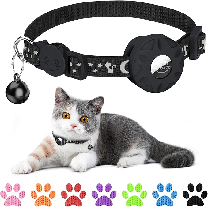 Simket Airtag Cat Collar Breakaway, Cat Collar for AirTag, Refective Kitten Collar with Bell and Apple Air Tag Holder for Girl Boy Cats, 0.4 Inches in Width and Lightweight (Black)