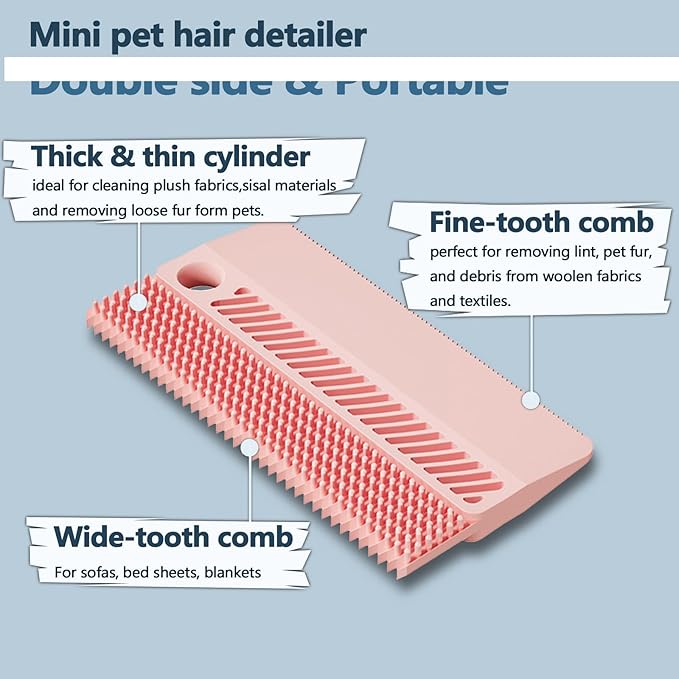 Self-Cleaning Cat Shedding Grooming Brush for Small Dog Pet Short Hair Remover Set Reusable Lint Removal Tool Carpet Scraper for Clothes Couch Bedding Furniture Car Pink