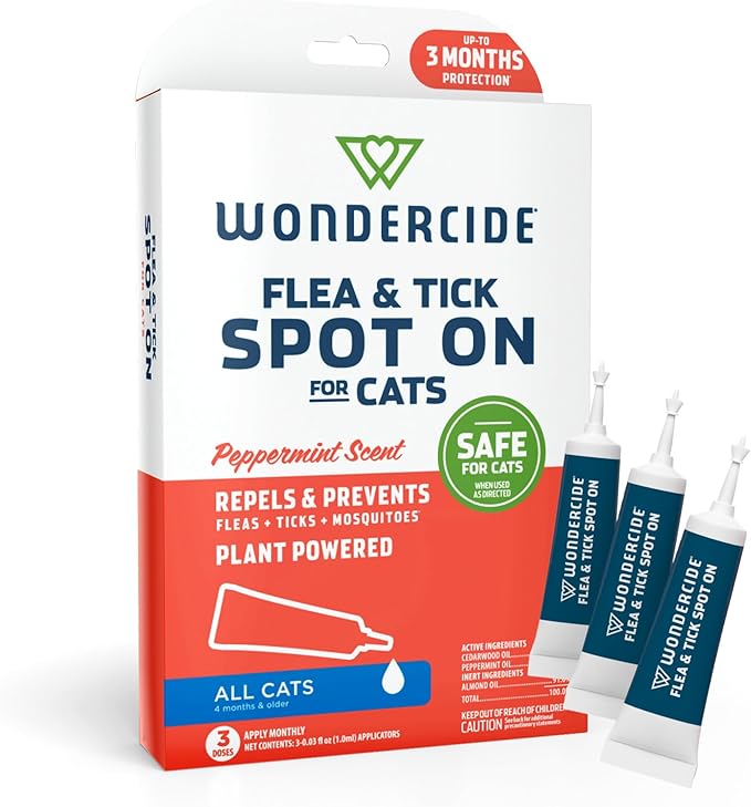 Wondercide - Flea and Tick Cat Spot On - Flea, Tick, and Mosquito Repellent, Prevention for Cats with Natural Essential Oils - Pet and Family Safe Up to 3 Months Protection - 3 Tubes of 0.03 oz