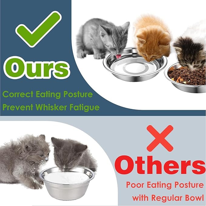 24 PCS Thickened Stainless Steel Cat Bowls, 5.5 Inch Shallow Wide Flat Metal Kitten Food Bowls, Whisker Friendly Fatigue Relief Replacement Basic Pet Dishes for Indoor Cats