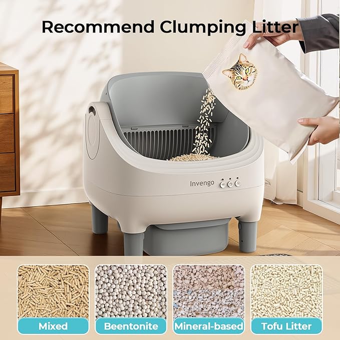 Invengo Automatic Cat Litter Box Self Cleaning, App Control, Open-Top Automatic Litter Box with Safety Sensors, Ultra-Quiet, 10.5L Waste Bin with Odor Control, 2 Rolls of Garbage Bags, LightGrey