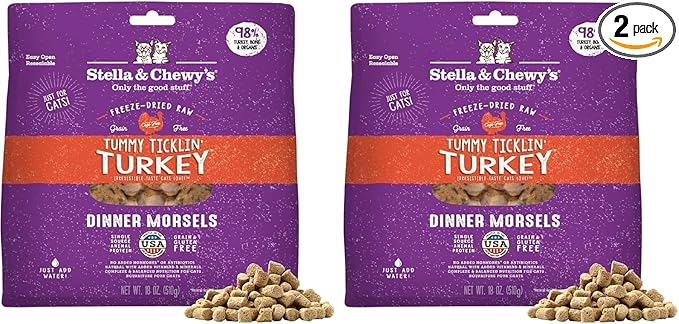 Stella & Chewy's Freeze-Dried Raw Cat Dinner Morsels - Premium Turkey Recipe with 98% Farm-Raised Meat & Organs - Natural Grain-Free Cat-& Kitten Food - Made in USA - 18 oz,(Pack of 2)