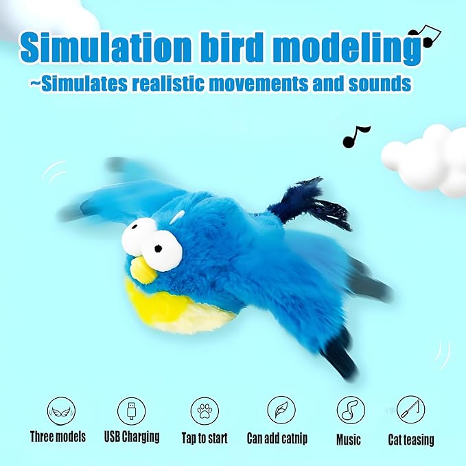 Dumwick 2026 Upgrade Interactive Chirping Bird Cat Toy,Flapping Wingss with Realistic Sounds,Simulated Chirping Bird Cat Toy for Indoor Play and Exercise (Bluebird 1pcs)