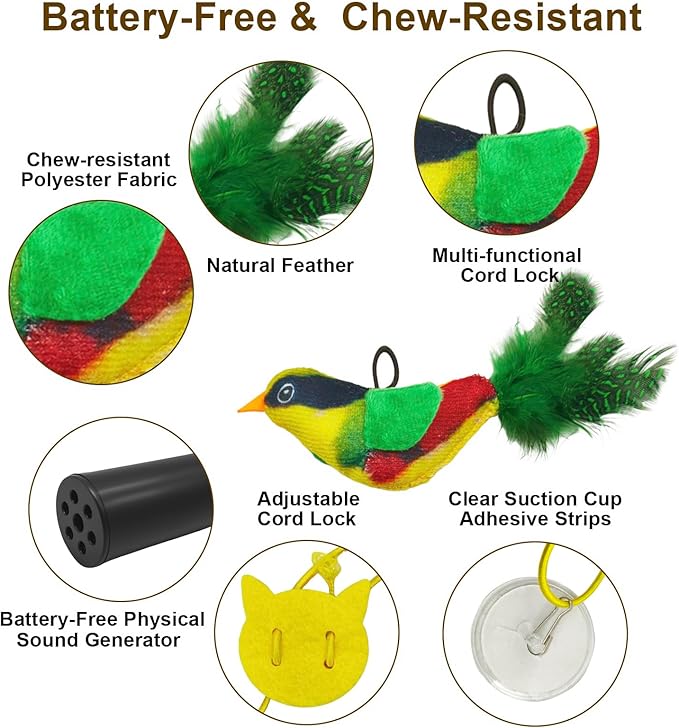 Battery-Free Flying Bird Cat Toy for Indoor Cats,Physically Generates Realistic Chirps, with Suction Cup Adhesive Strips & Lanyard (Green)