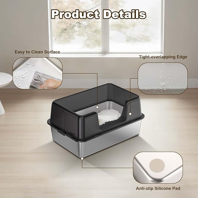 Stainless Steel Cat Litter Box, Extra Large Covered Litter Box for Big Cats, Enclosure XXL Metal Litter Pan Tray, High Sided,Anti-Leakage,Easy Cleaning, Non-Sticky,23.6 x 15.7 x 14.37,B