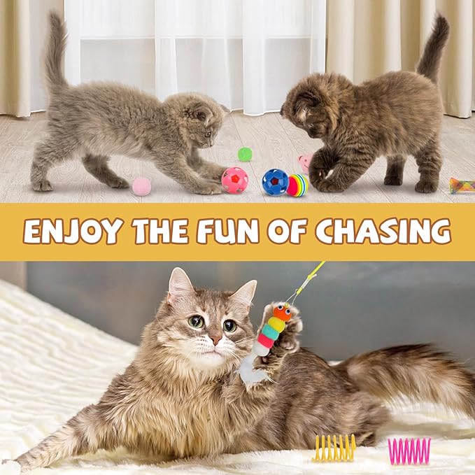 QUOZUO Kitten Toys - 38PCS Cat Play Set, Sparkle Balls, Plush Pom Pom Balls, Hanging Door Toy, Gift Box Styles