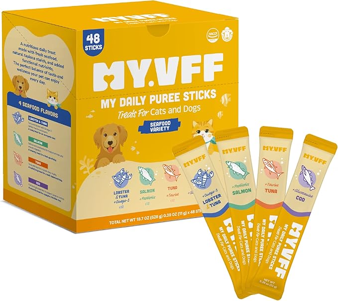 My Daily Puree Sticks for Cats & Dogs, 48 Healthy Lickable Treats – Vet-Formulated Cat Tube Treats & Dog Snacks with Taurine, Glucosamine, Omega-3 & Postbiotics, Made in Korea