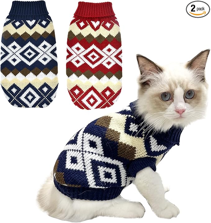 2Pcs Pet Puppy Christmas Sweaters Cat Diamond Plaid Pattern Sweater Kitten Knitwear Dog Xmas Clothes Navy Blue and Christmas Red Sweaters with Plaid Pattern for Kitten Cat Puppy Dog S