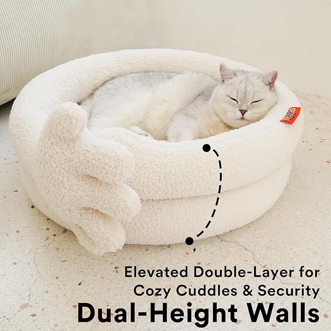 ZEZE Hugging Hand Cat Bed – Cozy Fleece Round Nest for Cats & Small Pets, Plush Supportive Cushion, Washable Cover, Modern Neutral Design, 21 x 26 x 9 Inches