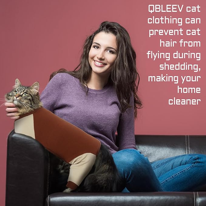 QBLEEV Sticky Hair Cat Clothes, Soft Cat Pajamas for Cats Only, Prevent Lost Fur Kitten Sweater Onesie, Stretchy Recovery Suit for Female Male Cats After Surgery Daily Wear, Brown, XXL