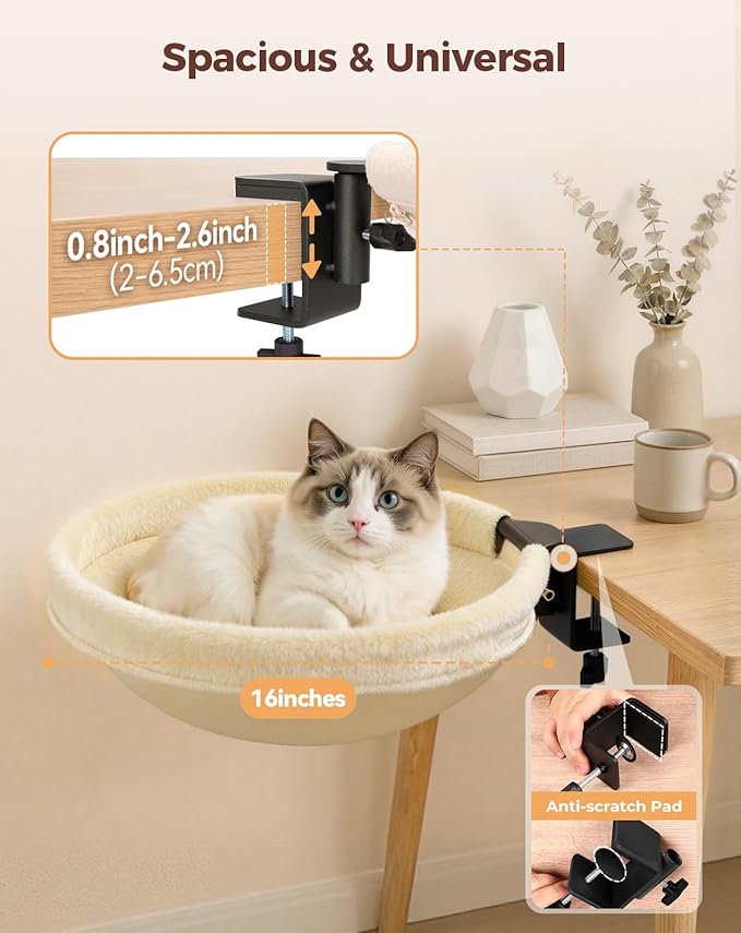 Petcozife Cat Desk Bed, 16"x16" Sturdy Rotating Cat Bed for Desk with Removable Washable Soft Fabric Hammock Cover, Stable Holds Up to 50 lbs, Space Saving Cat Perch for Home Office, Game Table