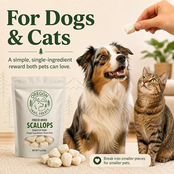 Oregon Trail Treats Freeze-Dried Scallops Dog & Cat Treats - Single Ingredient Premium Bay Scallops Grain Free 1 oz