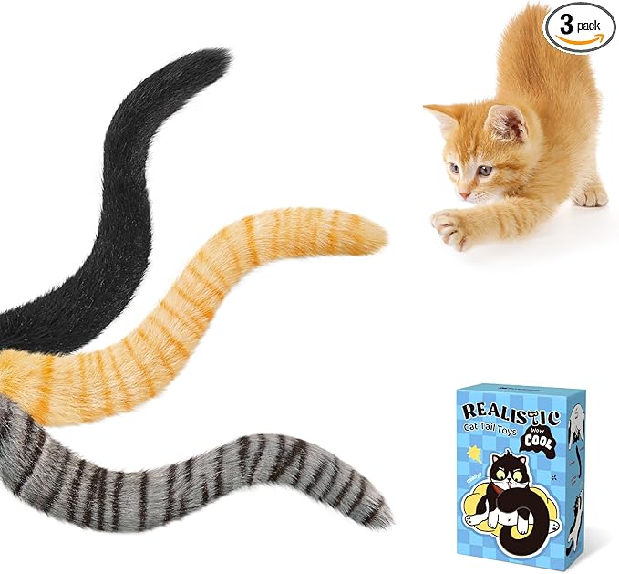 Potaroma Lifelike Tail Simulation Cat Toys for Halloween, Pack of 3, Fluffy Durable, Crinkle Sound with Catnip Inside, Interactive Indoor Kitten Kicker for Kitty Exercise 9.8 Inches