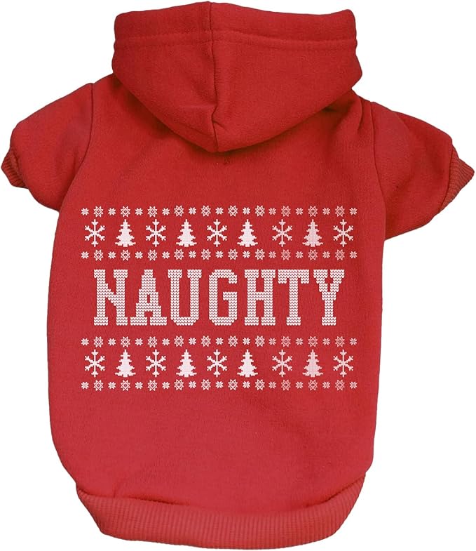 Naughty Ugly Sweater Dog Hoodie | Fleece Lined |Leash Hole| Christmas | Holiday Season | Winter Wonderland | Gift|Red, 3X-Large 974