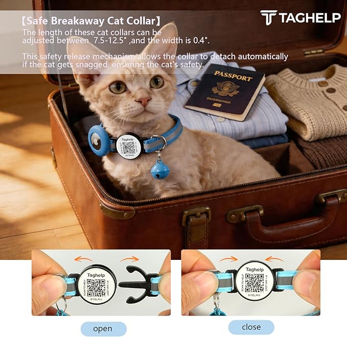 2PCS Breakaway Cat Collars with Bell Cute Adjustable Safe Kitten Collars with Pendant Glow in The Dark,Airtag Holder Cat Collar with Smart ID tag & QR Code Reflective for GPS Boy Girl Cats(Blue)