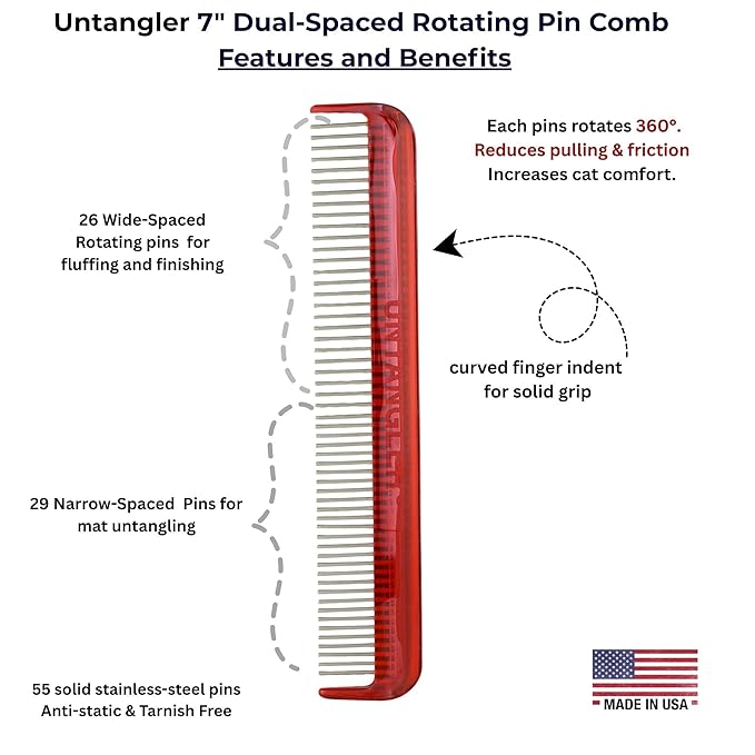 Cat Comb, 7 inch, Ferrari Red - Silky Smooth Rotating Teeth for Gently Detangling Matted Cat Hair, Stainless Steel, Made in USA, Vet Recommended