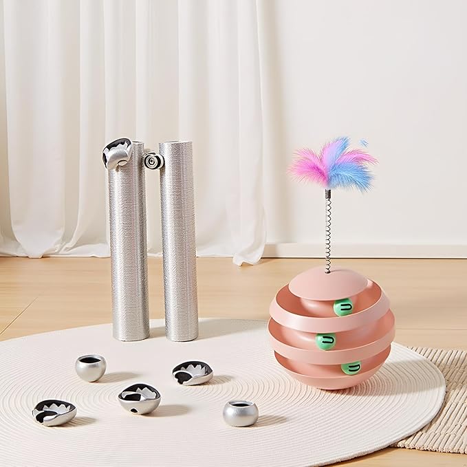 Interactive Cat Toy, Automatic Spinning Cat Toy for Indoor Cats, Engaging Kitten Toy with Feather for Exercise & Mental Stimulation, 3-Layer Cat Ball Track Durable Safe Toy to Reduce Boredom(pink)