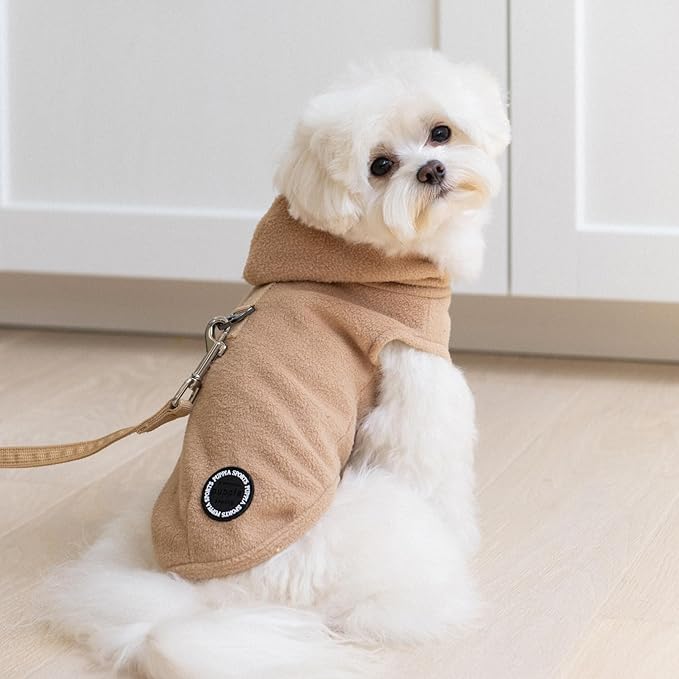 Puppia Zuko Warm Winter Hooded Polar Fleece Shirts with Integrated Harness for Small and Medium Dogs, Beige, X-Large