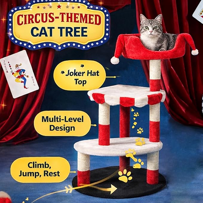 Circus Clown Cat Tree Tower, Multi-Level Cat Condo with Plush Platforms & Scratching Posts, Cute Circus Theme Cat Furniture for Indoor Cats (red)