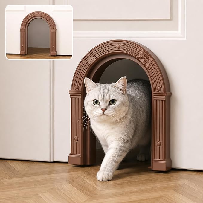 Cat Door for Interior Doors Large Cat Door - No-Flap, No Training Needed, Fits Cats Up to 25 lbs, Easy Installation, Installs in Minutes, Fits 1.25" to 1.75" Thick Solid & Hollow Doors Brown