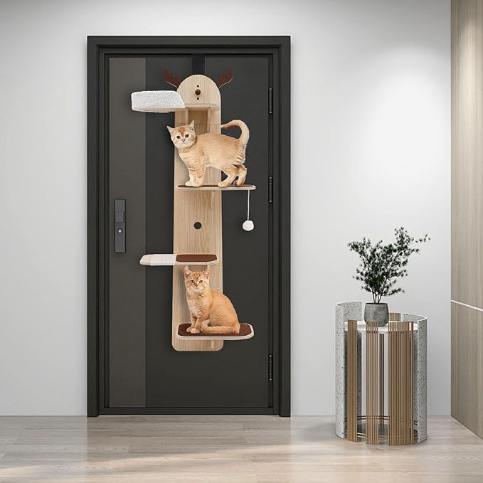 Door Hanging Cat Tree,4-Tier Door Mounted Cat Climbing Frame,Cats Tree Hanger Mounted Cats Shelves,Wooden Cat Ladder,Pet Jump Shelf for Stair,Foyer,Living Room,Enclosed Balcony (with Cat Nest)