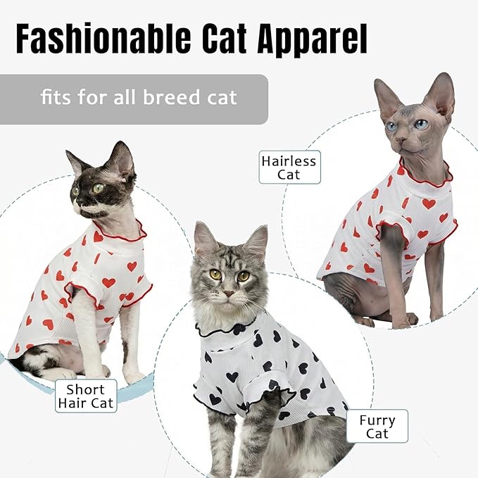 DENTRUN Heart Pattern Sphynx Hairless Cats Shirt, Kitten T-Shirts with Perlin Sleeves, Breathable Cat Wear Cute Sweater Adorable Hairless Cat's Clothes Vest Pajamas Jumpsuit