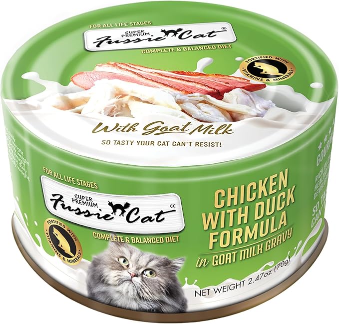 Fussie Cat Wet Canned Cat Food in Goat Milk, Chicken&Duck Formula, 2.47-oz cans, case of 24, Bundle Pack with HS Can Lid