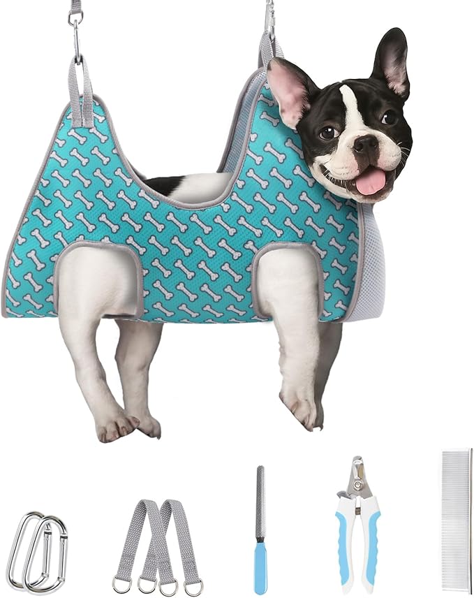 Supet Dog Grooming Hammock Harness for Dogs Cats, Relaxation Pet Nail Clipper Hammock, Restraint Dog & Small Animal Leashes Sling for Groomingk for Nail Trimming (Coral Blue, 2XS)