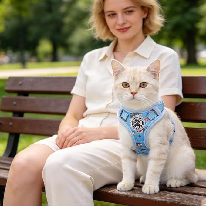 BEAUTYZOO Cat Harness, Escape Proof Cat Leash and Harness Set for Walking, Soft Breathable Vest Harness with Neck Adjustable, Reflective Easy-Control Kitten Harness for Cats,Shark-Blue S