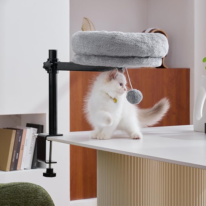 BYBYME Cat Desk Bed for Indoor Cats, Kitty Bed for Worktable Supports 44 lbs, 360° Rotation & Adjustable, Soft Cat Nest Desktop with Hanging Ball for Office Desks Home Tables, 12" in Diameter（Gray）
